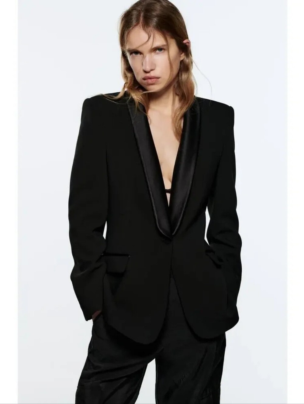 Zara Tailored Tuxedo Blazer Black Women's XS Single Breast Shoulder Pads Event